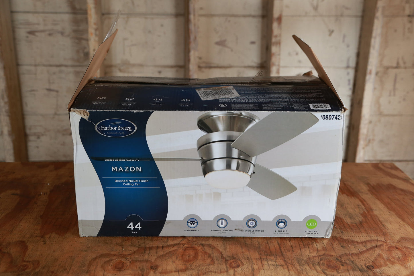 Harbor Breeze Mazon 44-in Brushed Nickel LED Indoor Flush Mount Ceiling Fan with Light with Remote (3-Blade)