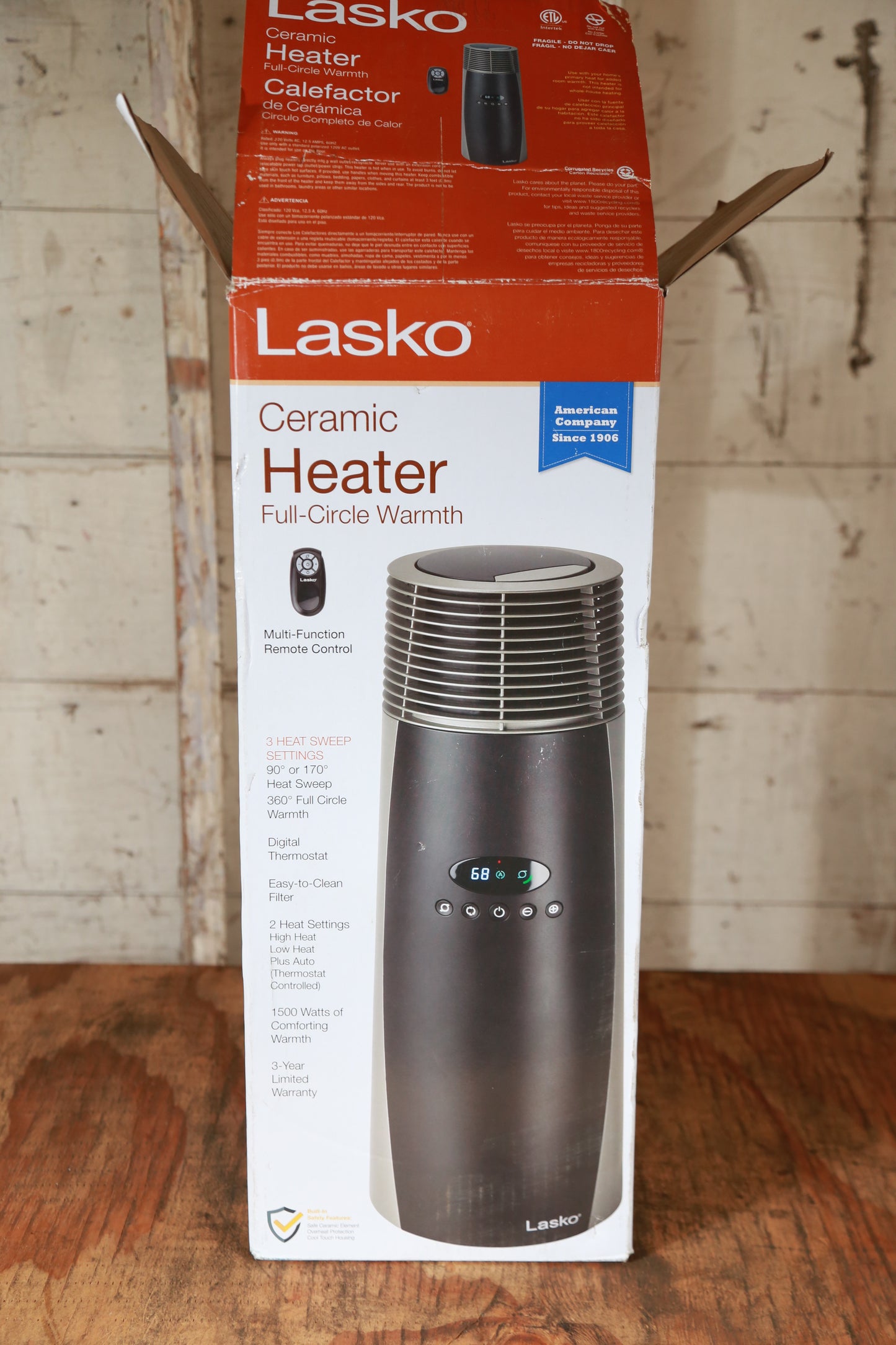 Lasko 1500-Watt Ceramic Tower Indoor Electric Space Heater with Thermostat and Remote Included