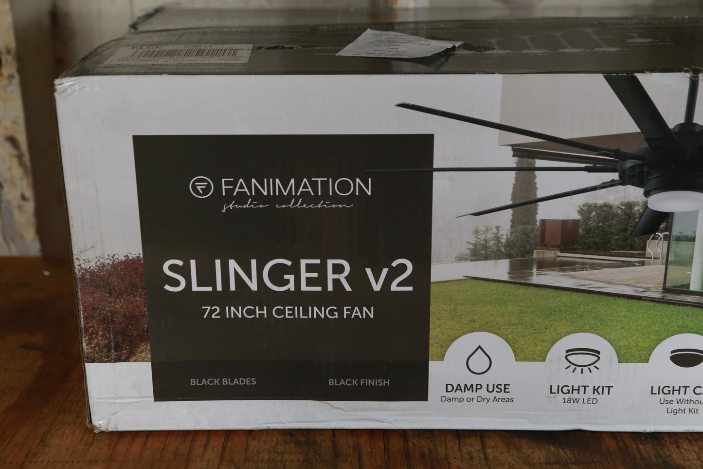 Fanimation Studio Collection Slinger v2 72-in Matte Black Color-changing LED Indoor/Outdoor Ceiling Fan with Light Remote (9-Blade)